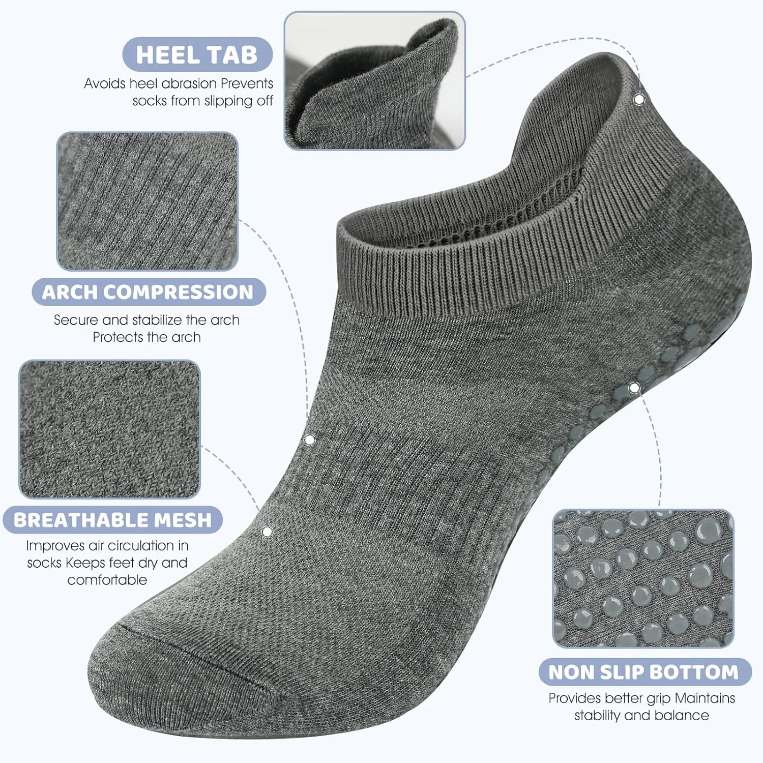 AURUZA Grip Socks for Women Men Pilates Grip Socks Non Slip Yoga Sock with Grips for Barre Barefoot Hospital Grippy Sock