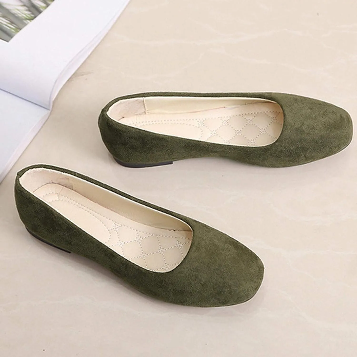 Ballet Flats for Women Square Toe Flat Shoes Dressy Slip On Loafers Business Casual Shoes Work Shoes Suede Loafers