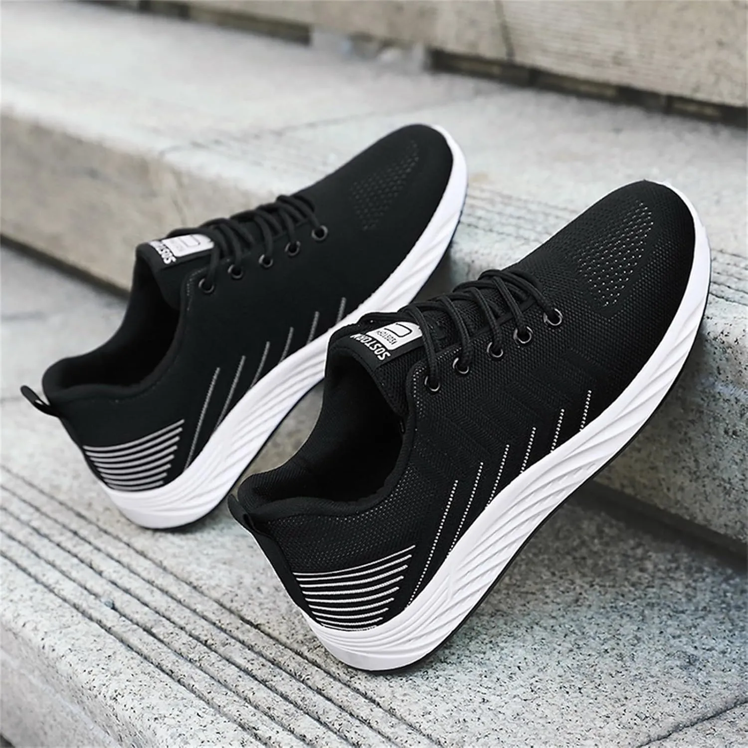 Casual Shoes Lace up Fashion Summer and Men Flat Mesh Breathable Stripes Solid Color Casual
