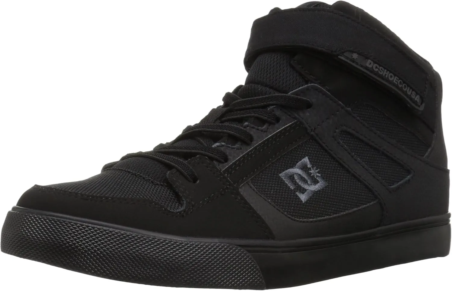 DC boys Pure High Top Ev With Ankle Strap and Elastic Laces Skate Shoe, Black/Black/Black, 4 Big Kid US