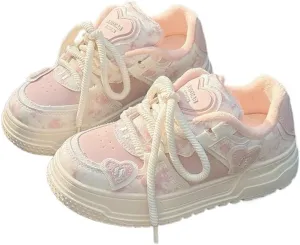 Geerta Cute Shoes Y2K  Girls Love Heart Chunky Cookie Sneaker Pretty Pastel Aesthetic Platform Thick Sole Japanese Kawaii Retro Vintage White Doll Shoes for Women Casual School Summer