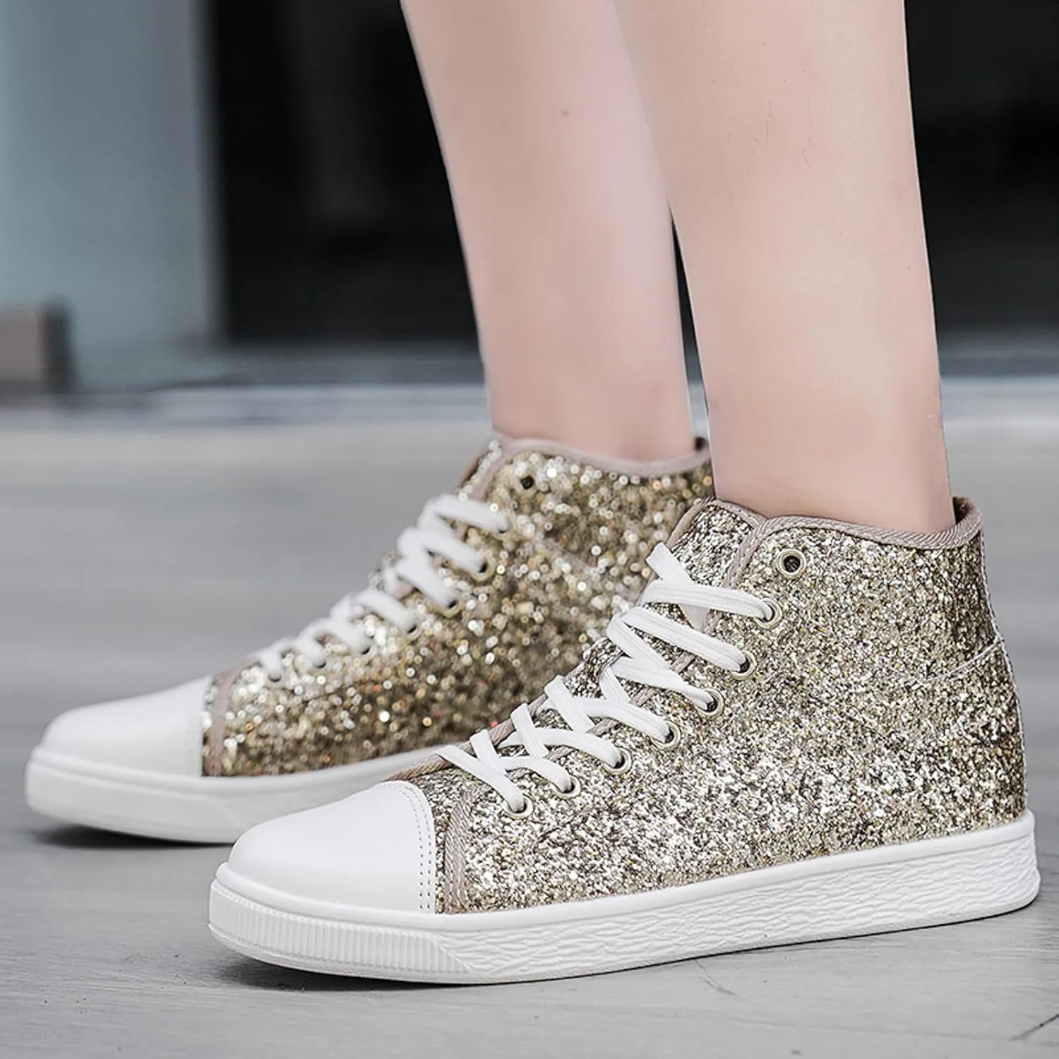 Glitter Sneakers for Women Women's Bling Sneakers Rhinestone Sneakers Shoe Glitter Fashion High Top Platform Tennis Shoes