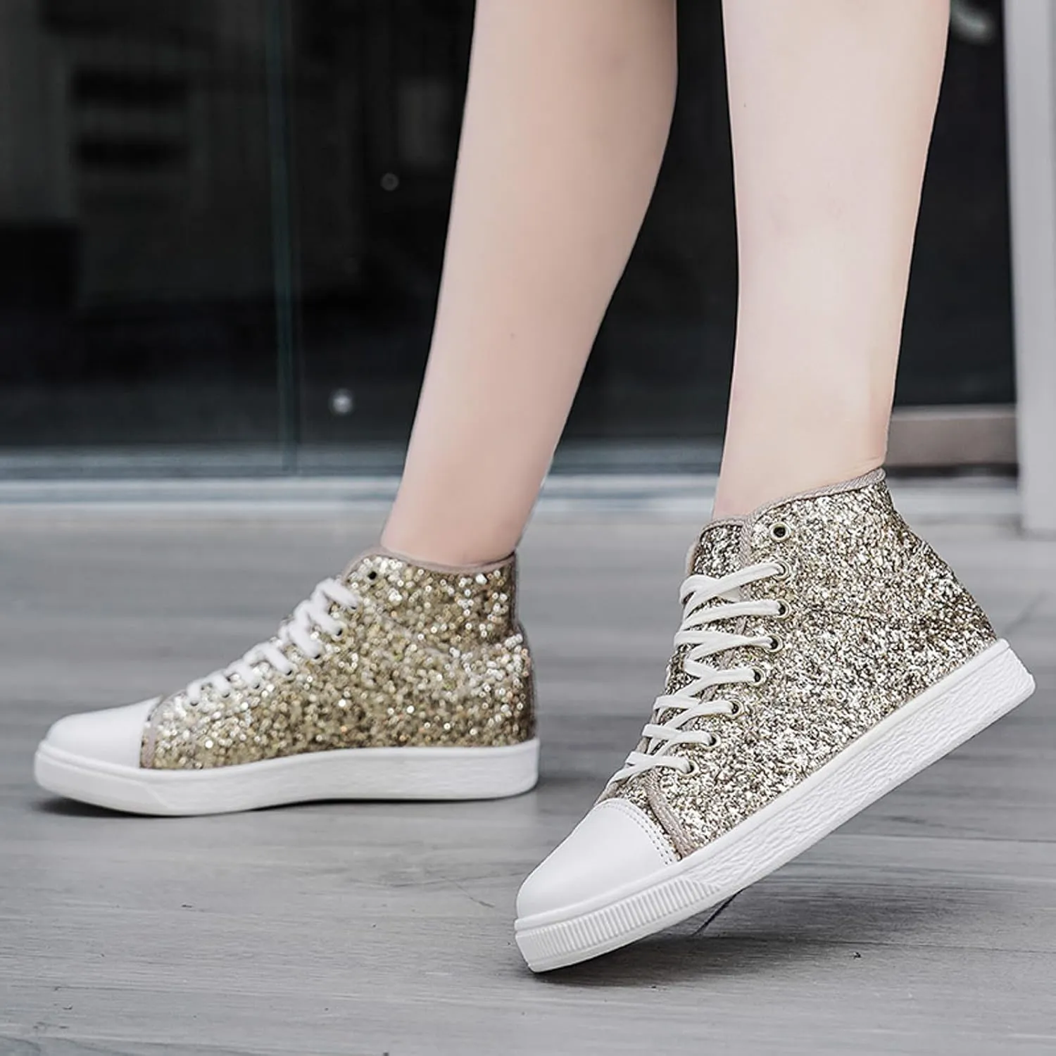 Glitter Sneakers for Women Women's Bling Sneakers Rhinestone Sneakers Shoe Glitter Fashion High Top Platform Tennis Shoes