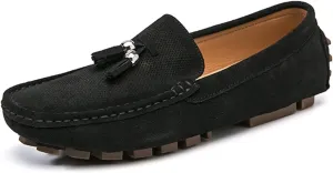 HOOENG Driving Moccasins for Men Genuine Leather Stitching Details Round Toe Tassel Suede Vamp Perforated Flexible Lightweight Flat Heel Driving Slip On (Color : Black, Size : 7)