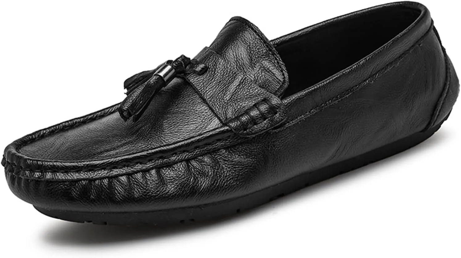 HOOENG Smoking Loafer Driving Moccasins for Men Genuine Leather Stitching Details Round Toe Tassel Resistant Flat Heel Flexible Lightweight Anti-Slip (Color : Black, Size : 11)