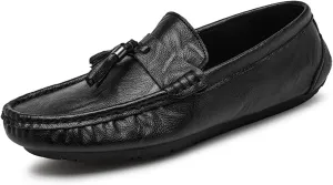 HOOENG Smoking Loafer Driving Moccasins for Men Genuine Leather Stitching Details Round Toe Tassel Resistant Flat Heel Flexible Lightweight Anti-Slip (Color : Black, Size : 11)
