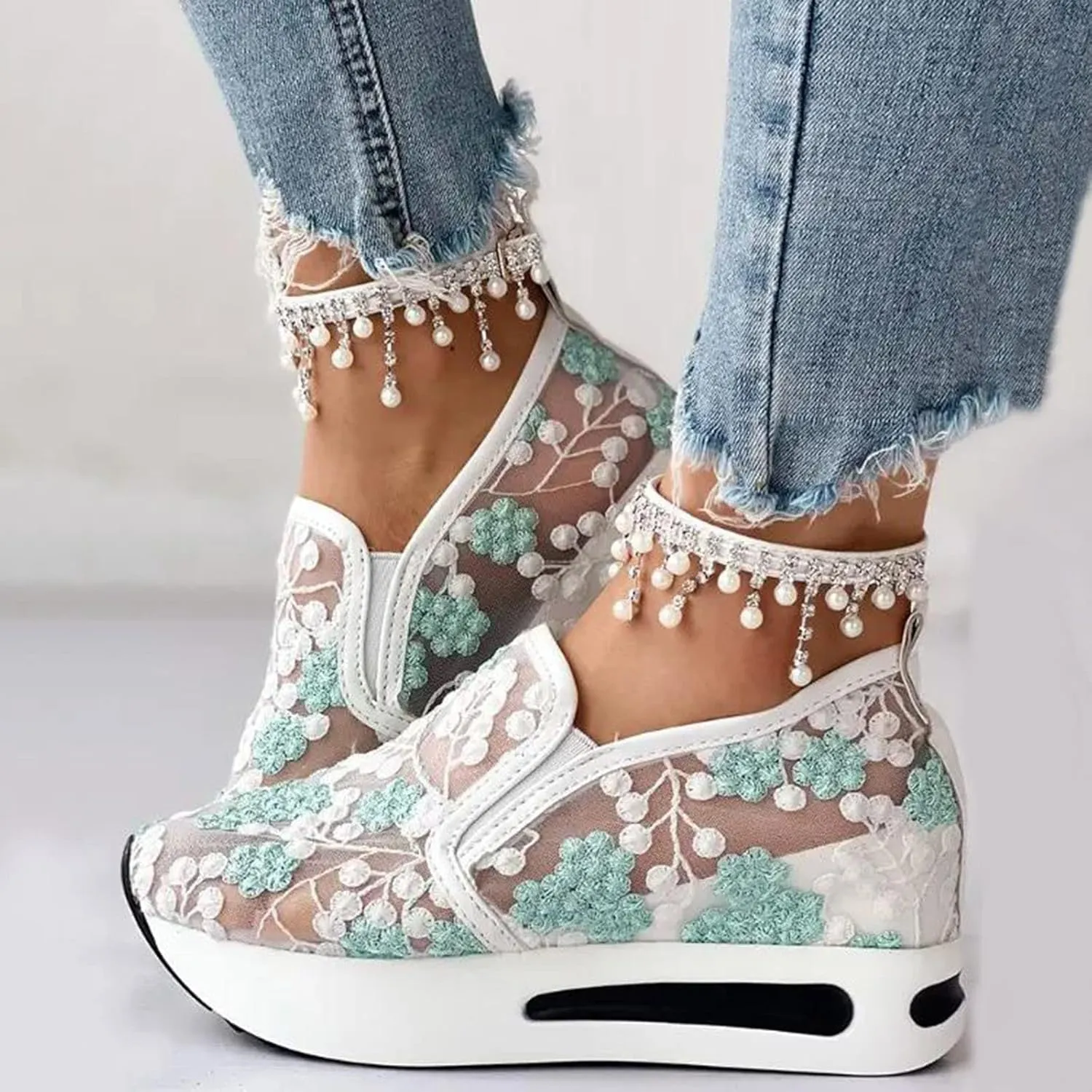 Ladies Fashion Breathable Lace Mesh Flower Embroidery Round Head Thick Bottom Comfortable Casual Men's Shoes