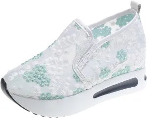 Ladies Fashion Breathable Lace Mesh Flower Embroidery Round Head Thick Bottom Comfortable Casual Men's Shoes