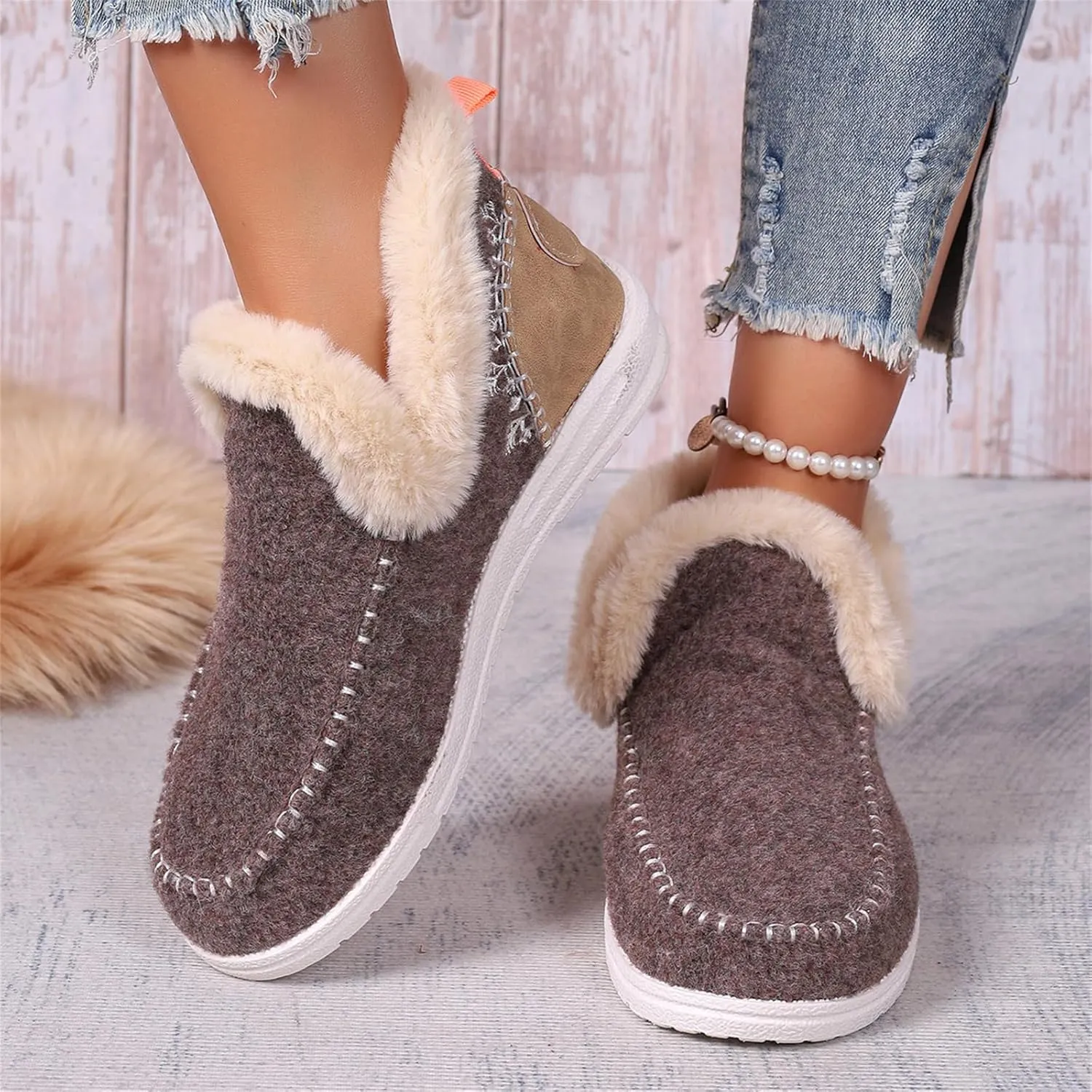 Ladmiple Booties For Women 2024 Snow Warm Ankle Boots Comfortable Slip On Outdoor Fur Lined Thickening Walking Winter Shoes