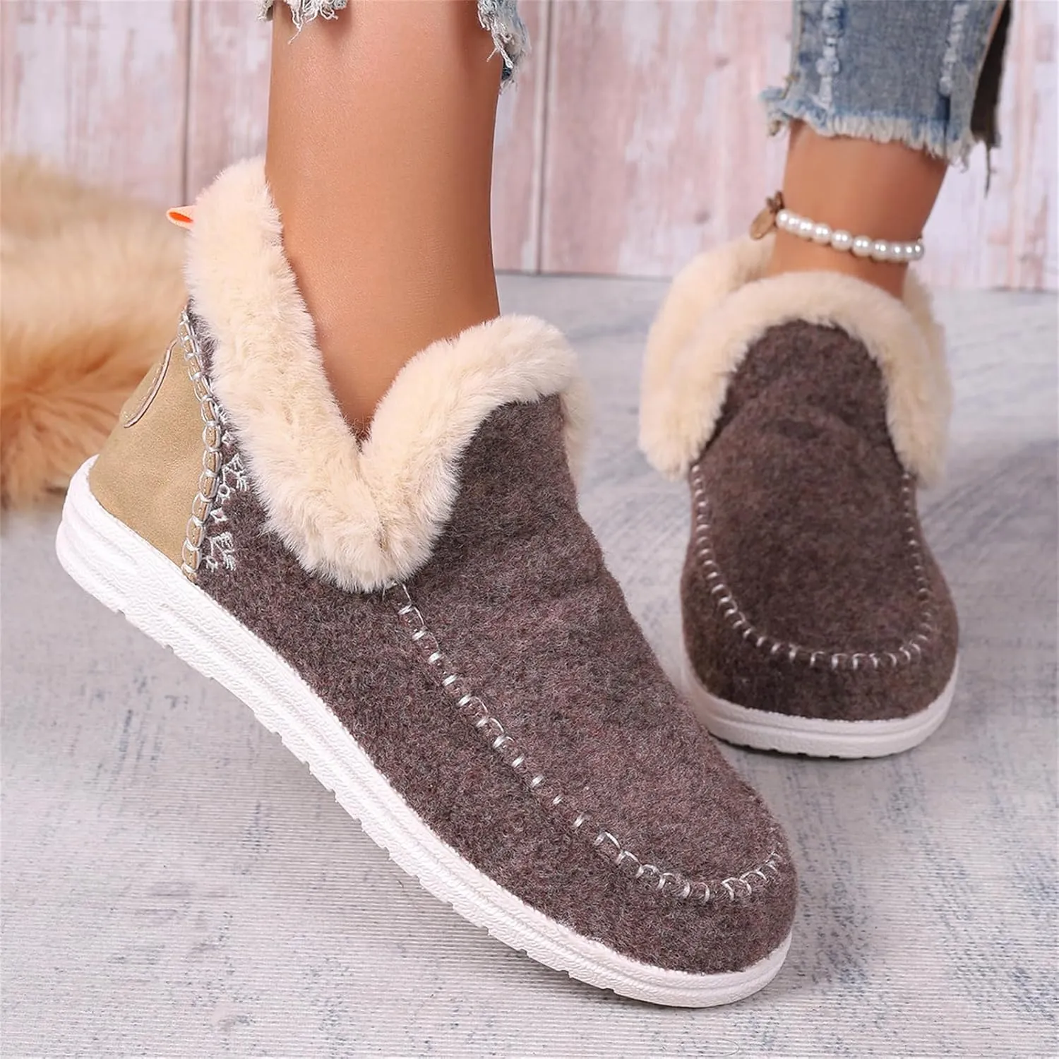 Ladmiple Booties For Women 2024 Snow Warm Ankle Boots Comfortable Slip On Outdoor Fur Lined Thickening Walking Winter Shoes