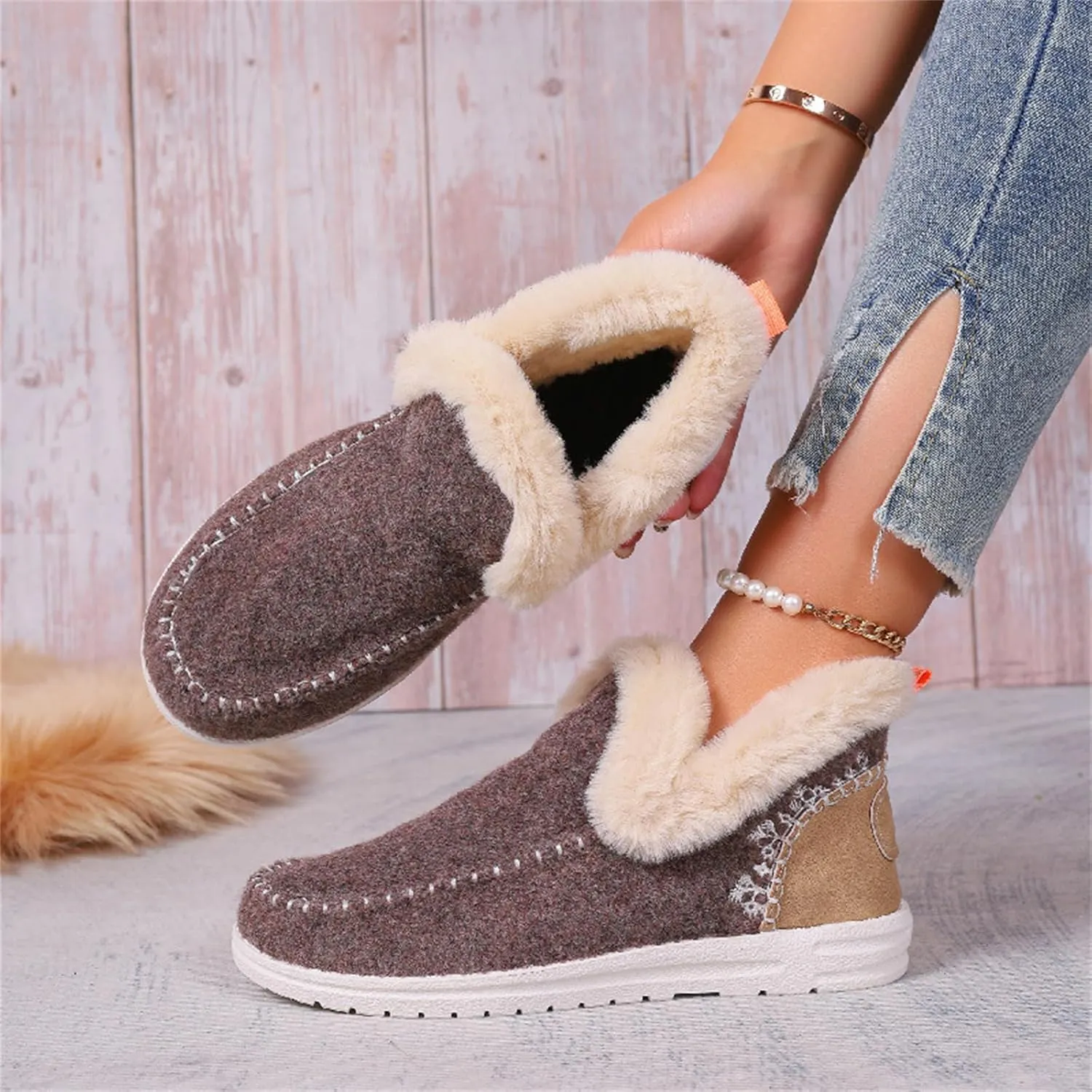 Ladmiple Booties For Women 2024 Snow Warm Ankle Boots Comfortable Slip On Outdoor Fur Lined Thickening Walking Winter Shoes