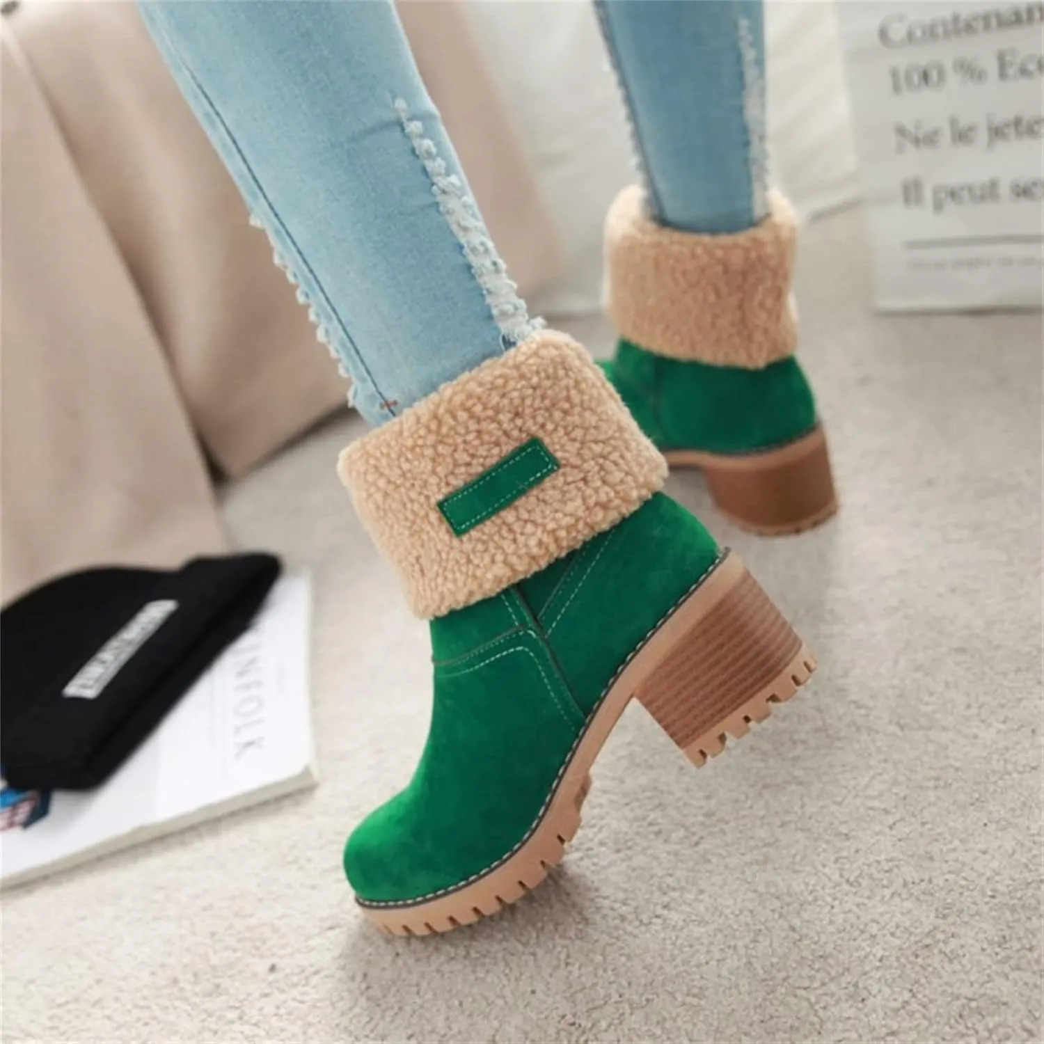 Ladmiple Snow Boots For Women Cute Tall Mid Calf Winter Shoes Fur Lined Warm Slip On Ankle Booties Anti Slip Walking Shoes