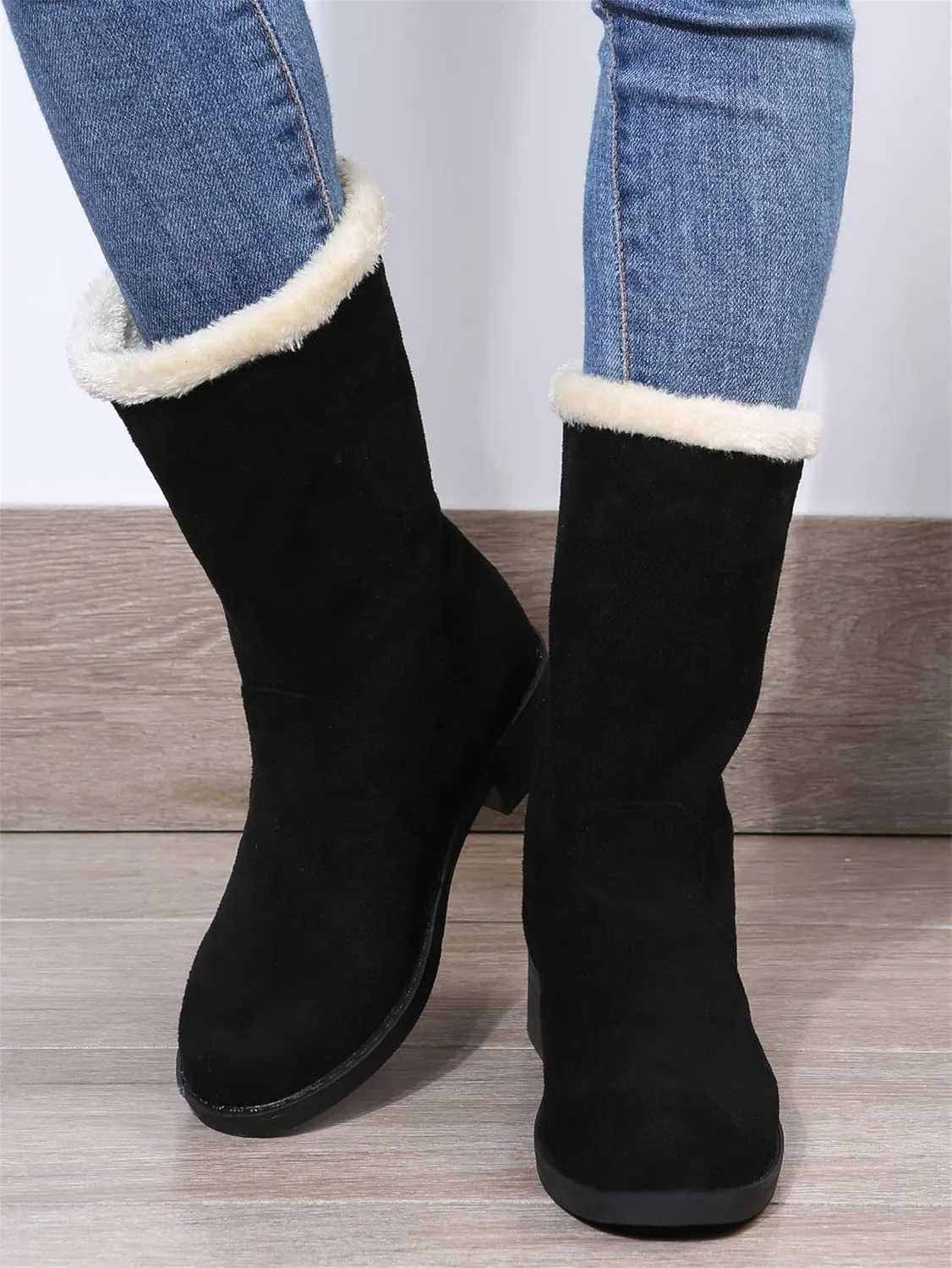 Ladmiple Snow Boots For Women Tall Mid Calf Winter Shoes with Fur Lined Warm Slip On Comfortable Anti Slip Outdoor Shoes