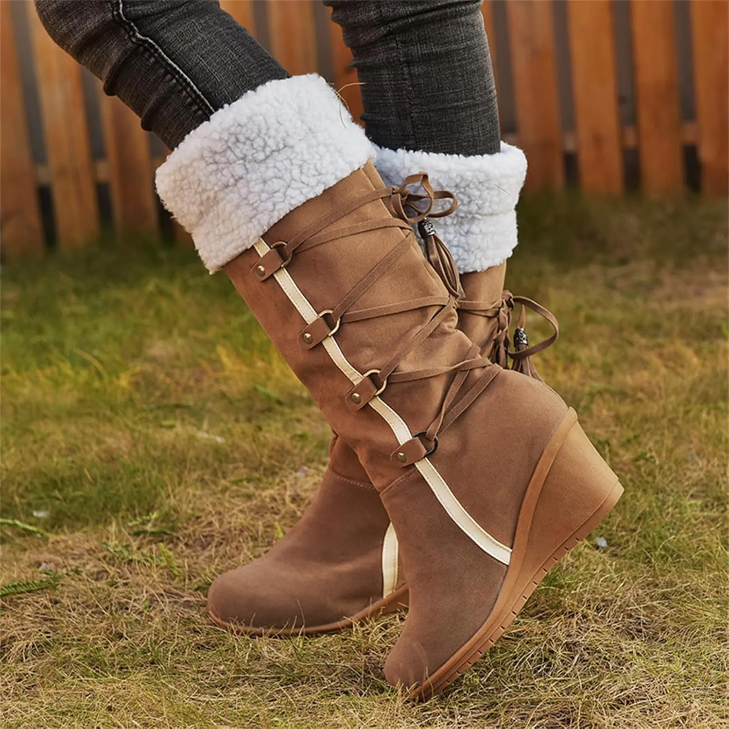 Ladmiple Snow Boots For Women Tall Mid Calf Winter Warm Outdoor Fur Lined Comfortable Fashion Casual Walking Shoes