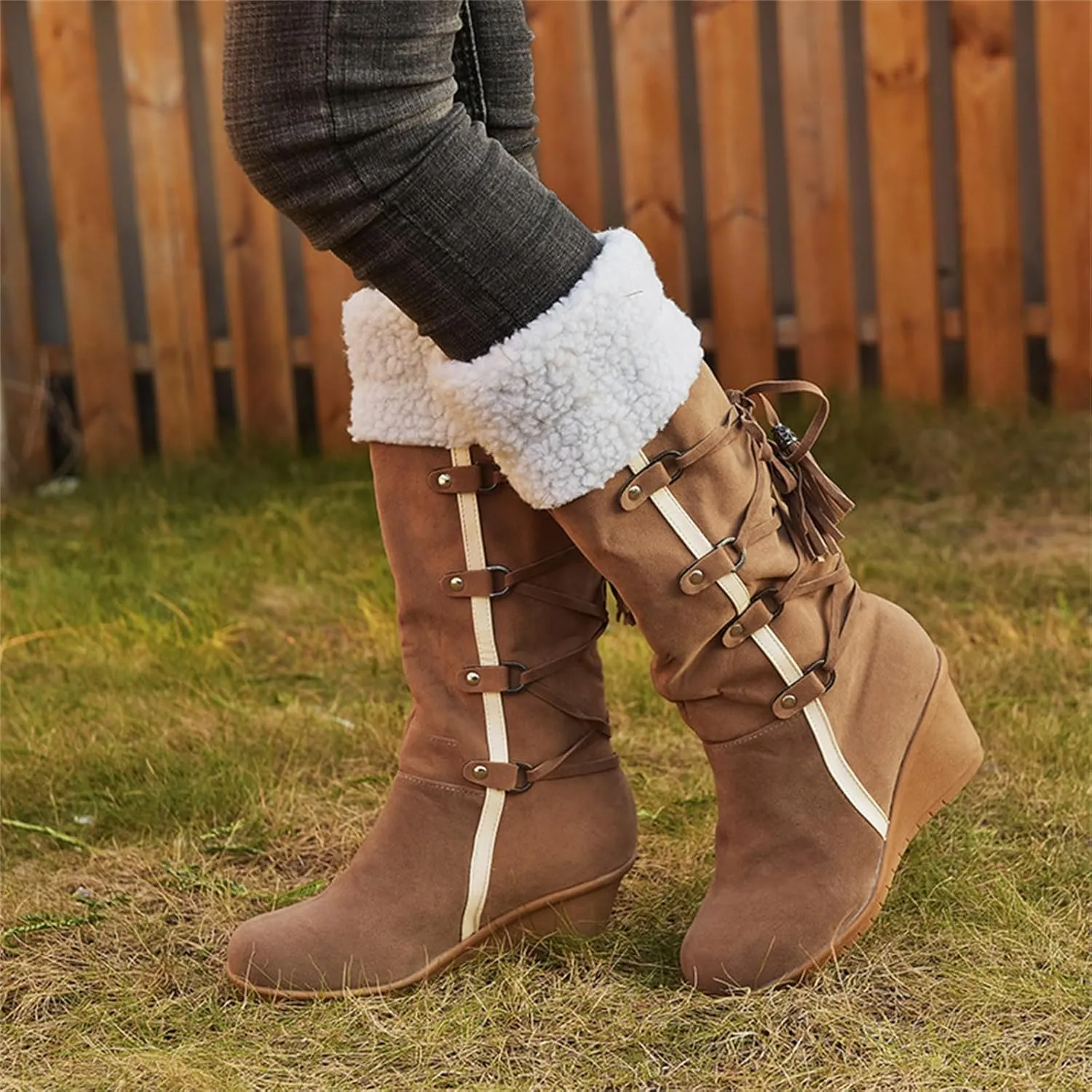 Ladmiple Snow Boots For Women Tall Mid Calf Winter Warm Outdoor Fur Lined Comfortable Fashion Casual Walking Shoes
