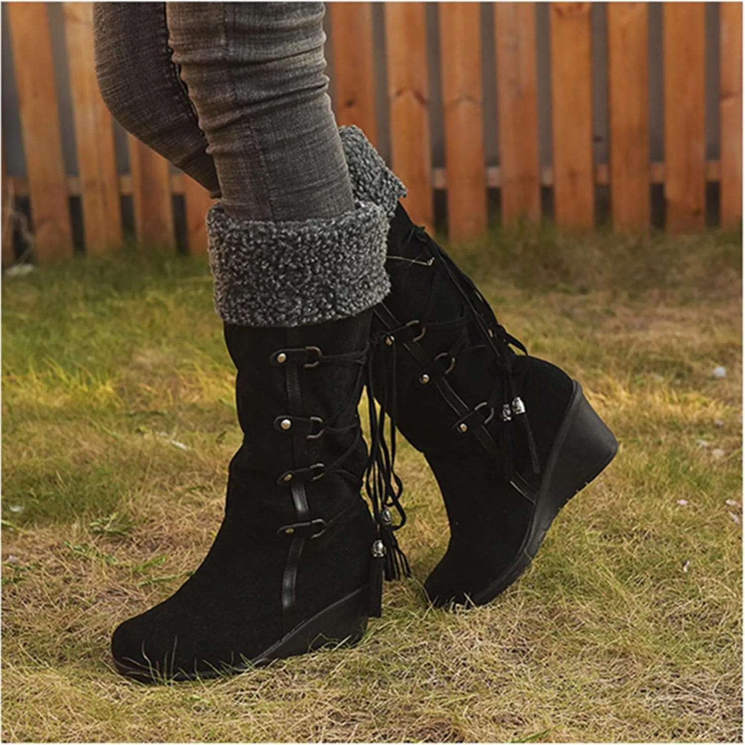 Ladmiple Snow Boots For Women Tall Mid Calf Winter Warm Outdoor Fur Lined Comfortable Fashion Casual Walking Shoes