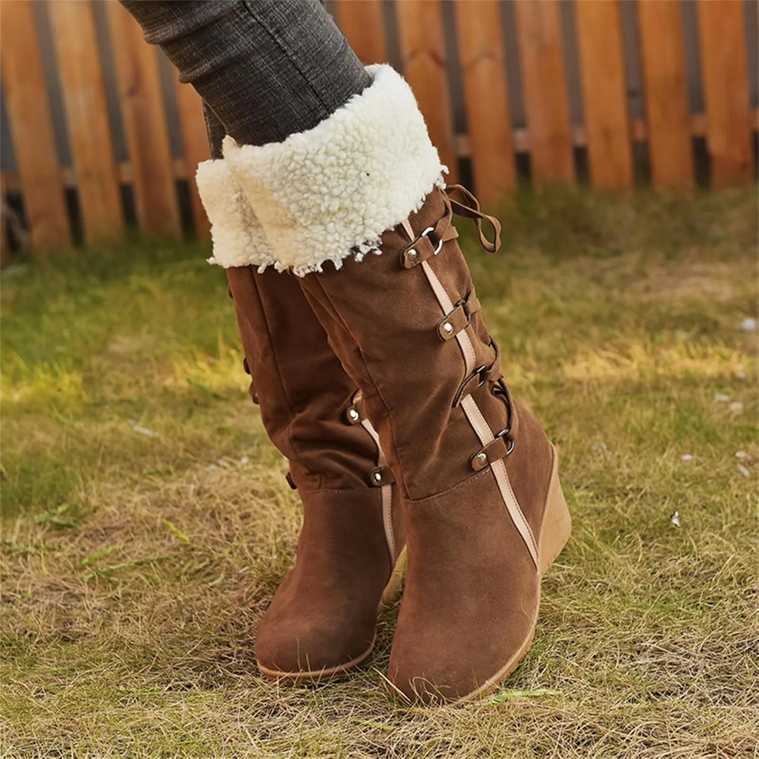 Ladmiple Snow Boots For Women Tall Mid Calf Winter Warm Outdoor Fur Lined Comfortable Fashion Casual Walking Shoes
