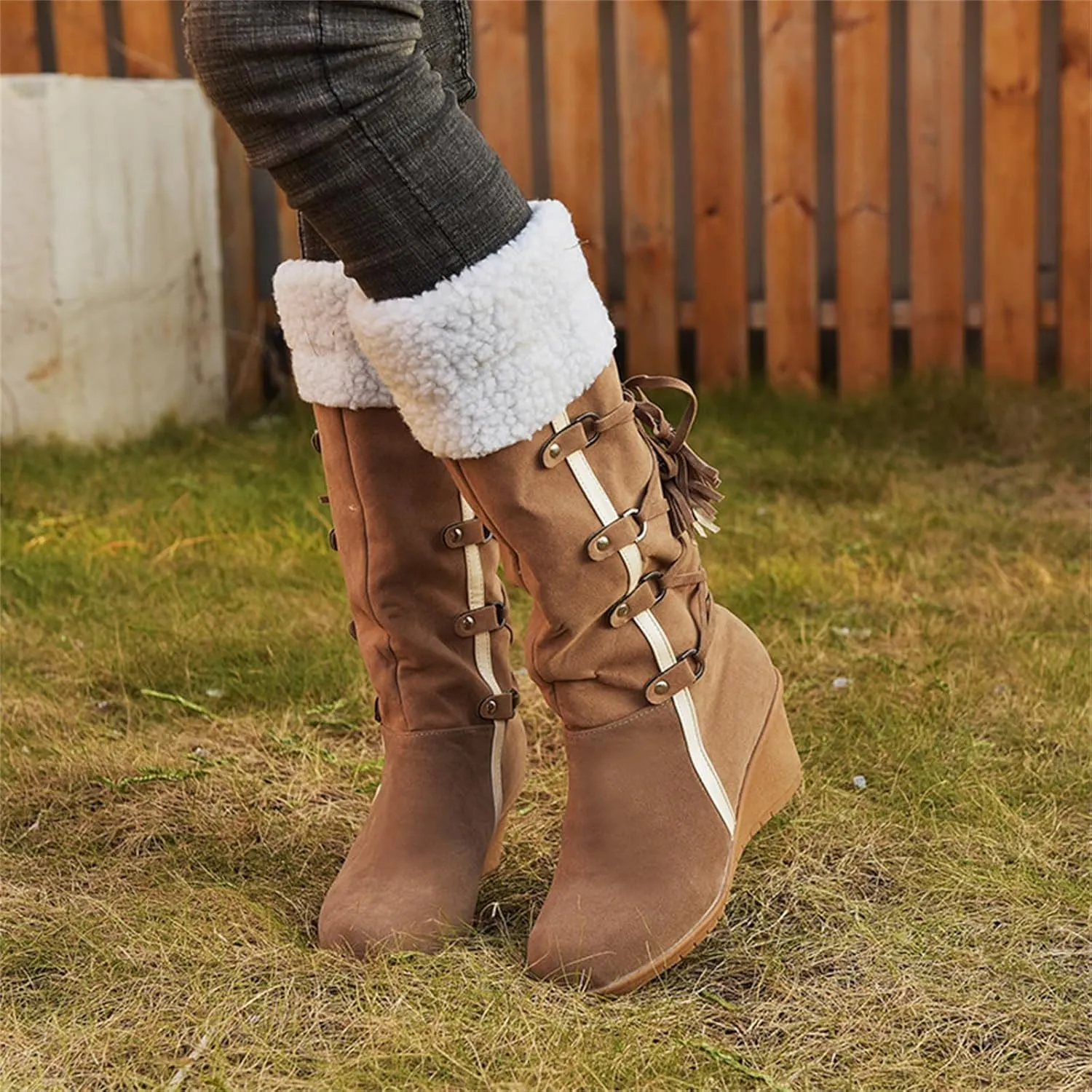 Ladmiple Snow Boots For Women Tall Mid Calf Winter Warm Outdoor Fur Lined Comfortable Fashion Casual Walking Shoes
