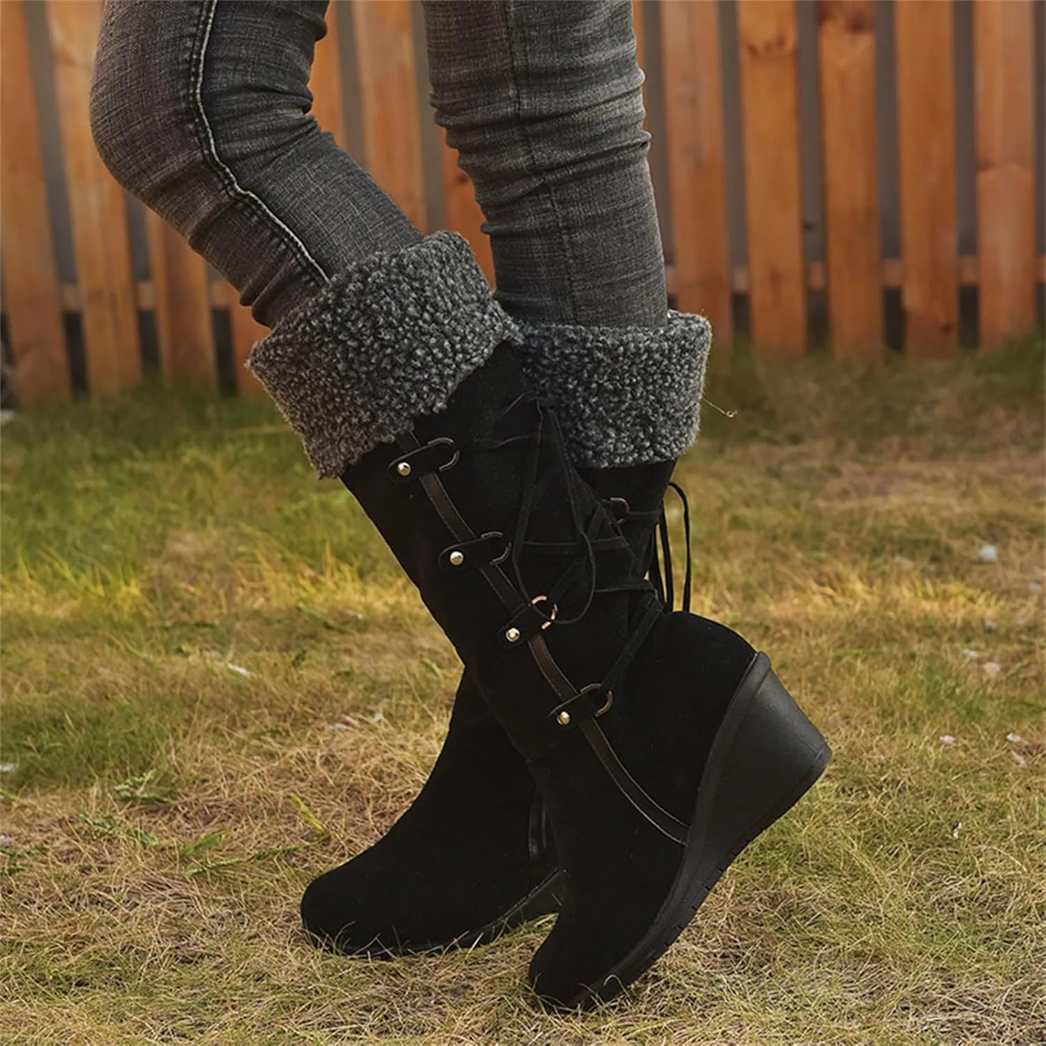 Ladmiple Snow Boots For Women Tall Mid Calf Winter Warm Outdoor Fur Lined Comfortable Fashion Casual Walking Shoes