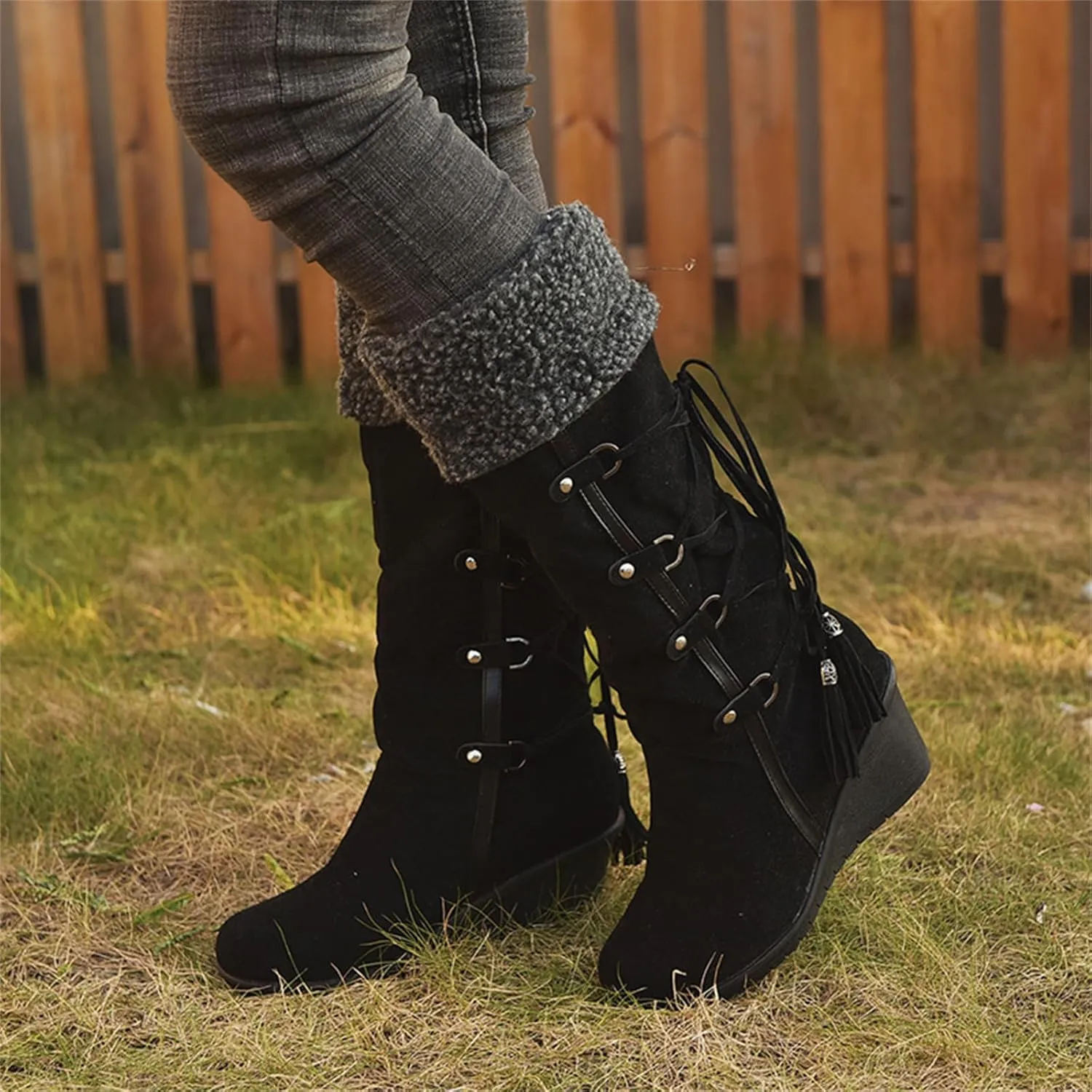 Ladmiple Snow Boots For Women Tall Mid Calf Winter Warm Outdoor Fur Lined Comfortable Fashion Casual Walking Shoes