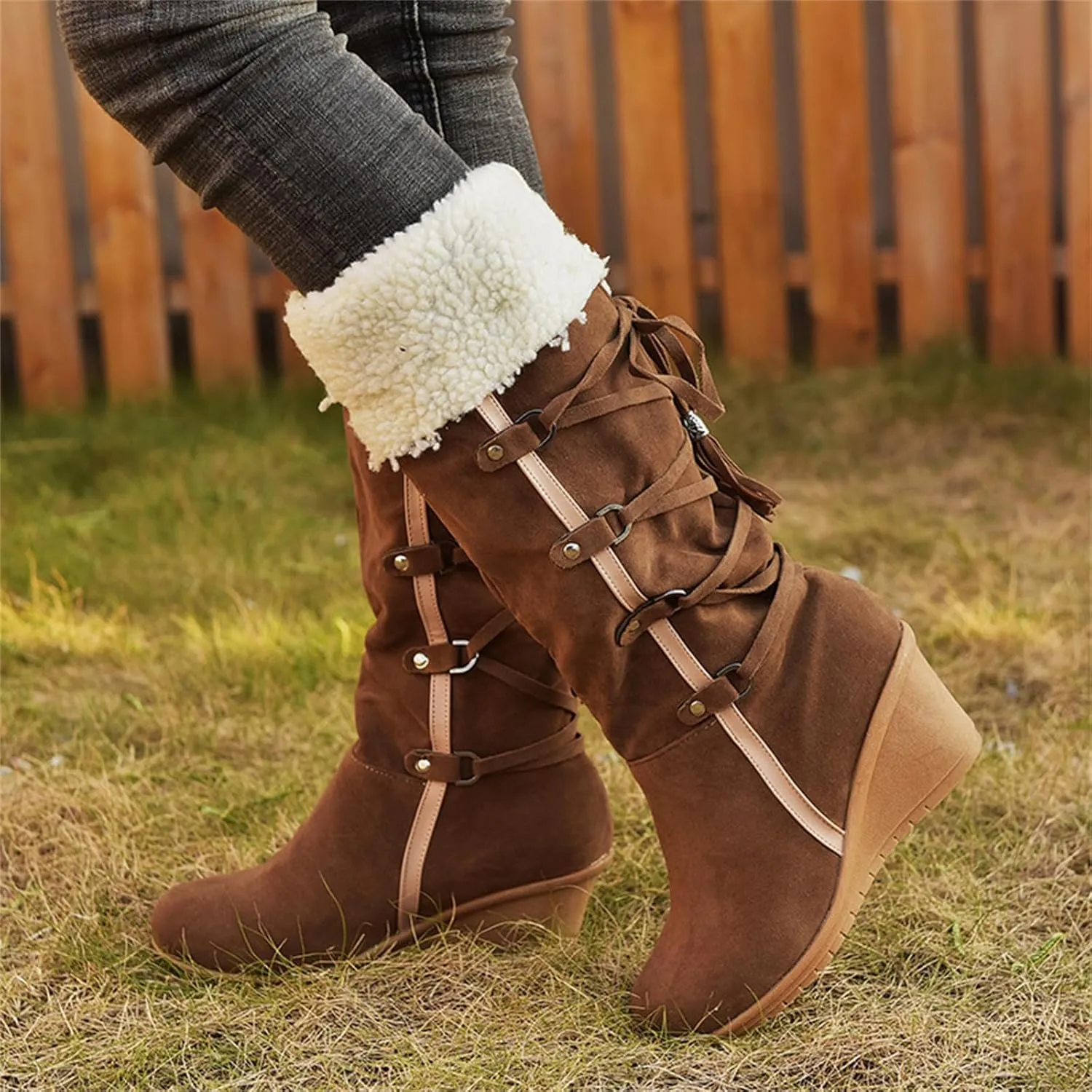 Ladmiple Snow Boots For Women Tall Mid Calf Winter Warm Outdoor Fur Lined Comfortable Fashion Casual Walking Shoes