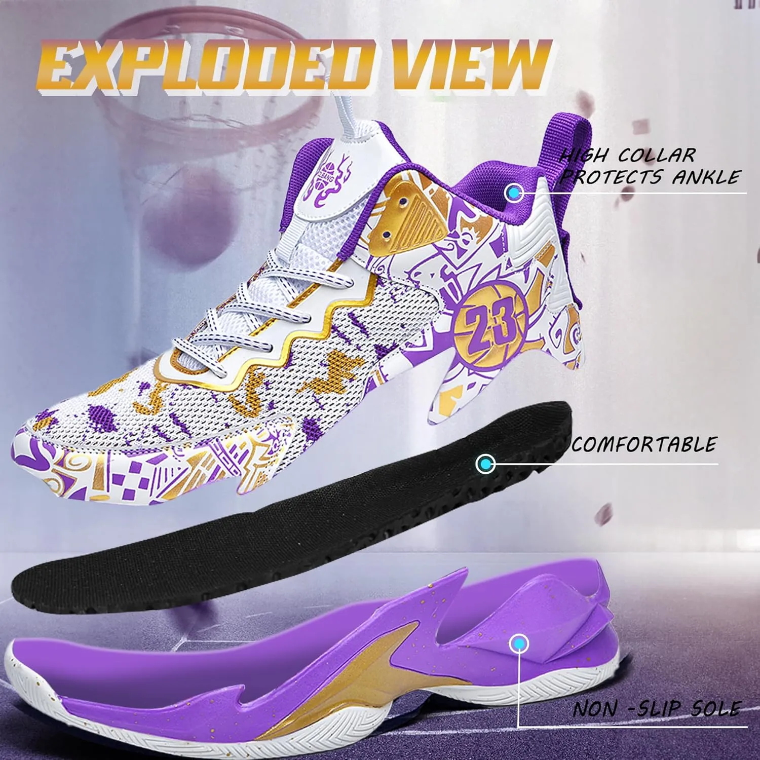 Men's Basketball Shoes Breathable Anti Slip Fashionable Graffiti Training Shoes Outdoor Shoes