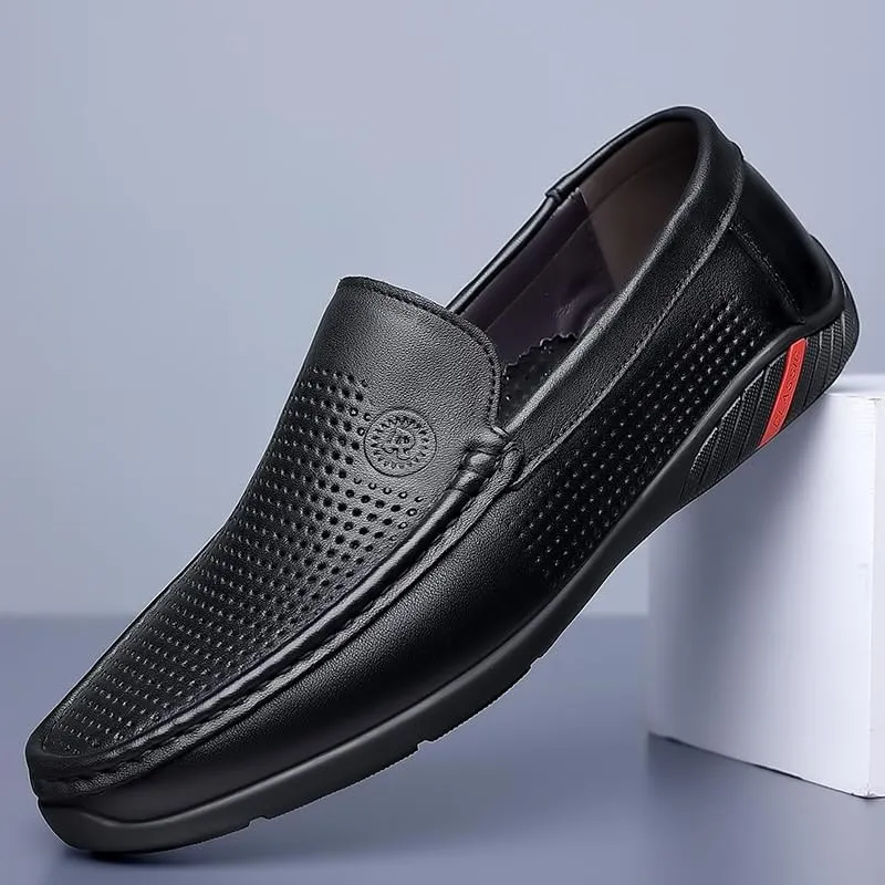 Men's Breathable Leather Loafers Slip-Ons Moccasins for Men Summer Dress Shoes Lightweight and Breathable Flat Loafer Casual Driving Walking Shoes Oxford Shoes