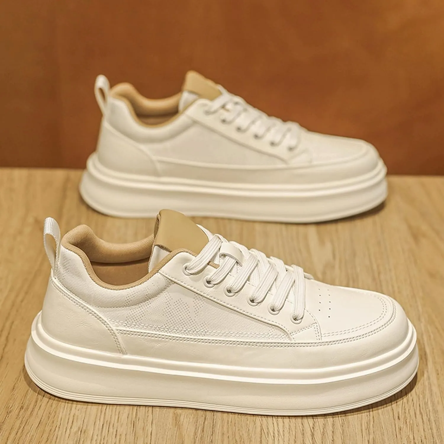 Men's Fashion Breathable Mesh Leather Lace Up Sneakers Casual Retro Non Slip Round Toe Platform Driving Walking Sneakers