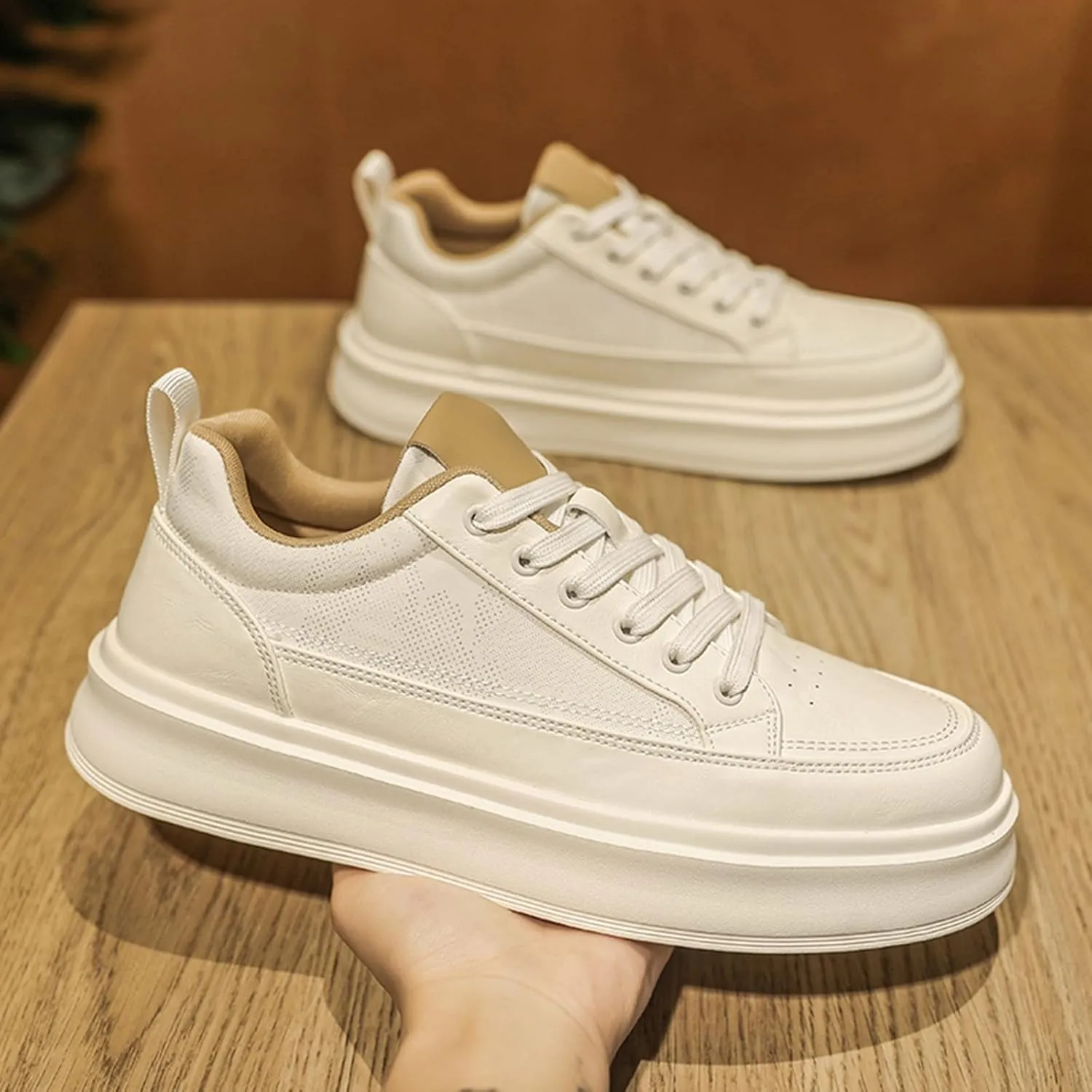 Men's Fashion Breathable Mesh Leather Lace Up Sneakers Casual Retro Non Slip Round Toe Platform Driving Walking Sneakers