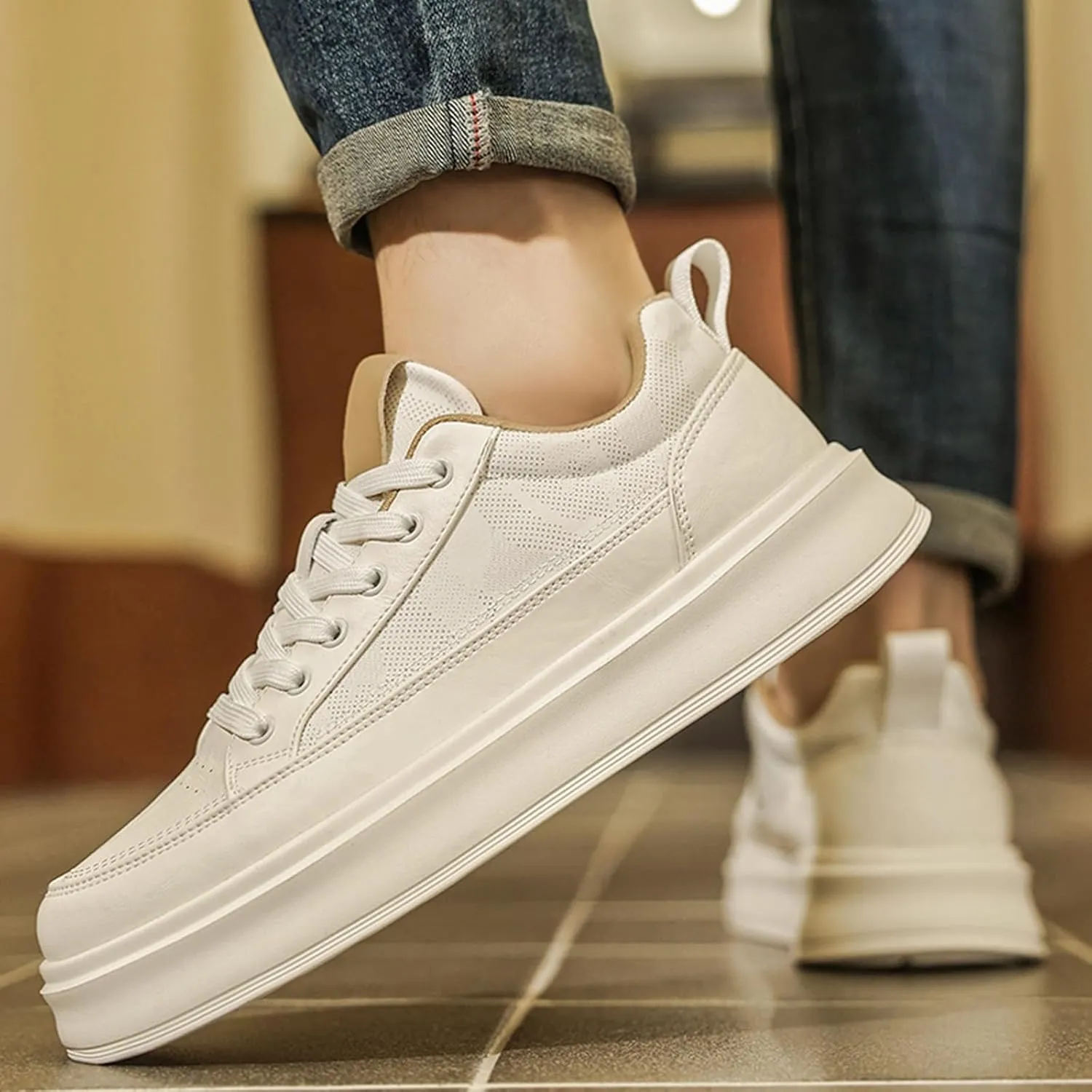 Men's Fashion Breathable Mesh Leather Lace Up Sneakers Casual Retro Non Slip Round Toe Platform Driving Walking Sneakers
