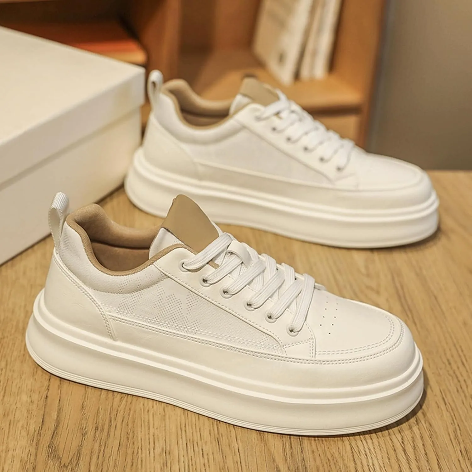 Men's Fashion Breathable Mesh Leather Lace Up Sneakers Casual Retro Non Slip Round Toe Platform Driving Walking Sneakers