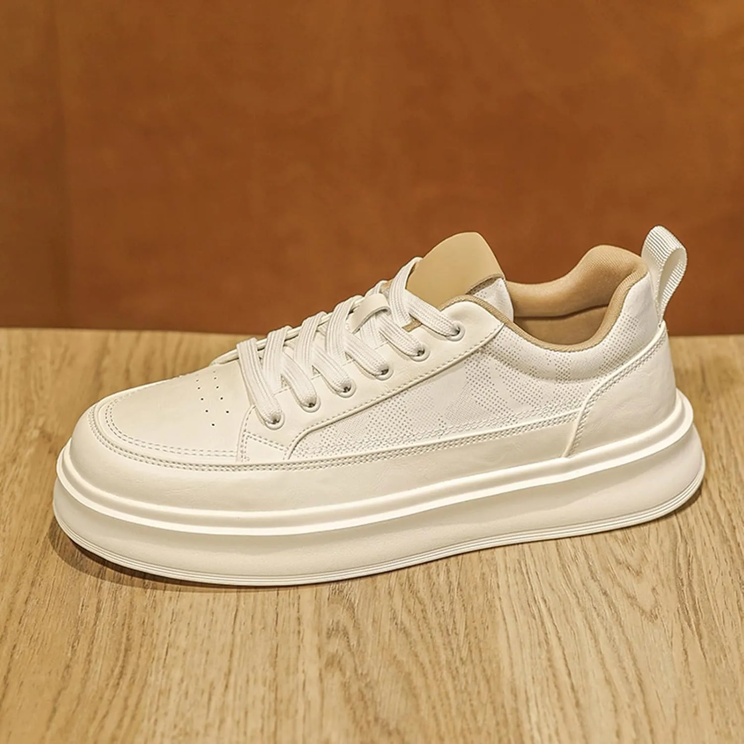 Men's Fashion Breathable Mesh Leather Lace Up Sneakers Casual Retro Non Slip Round Toe Platform Driving Walking Sneakers
