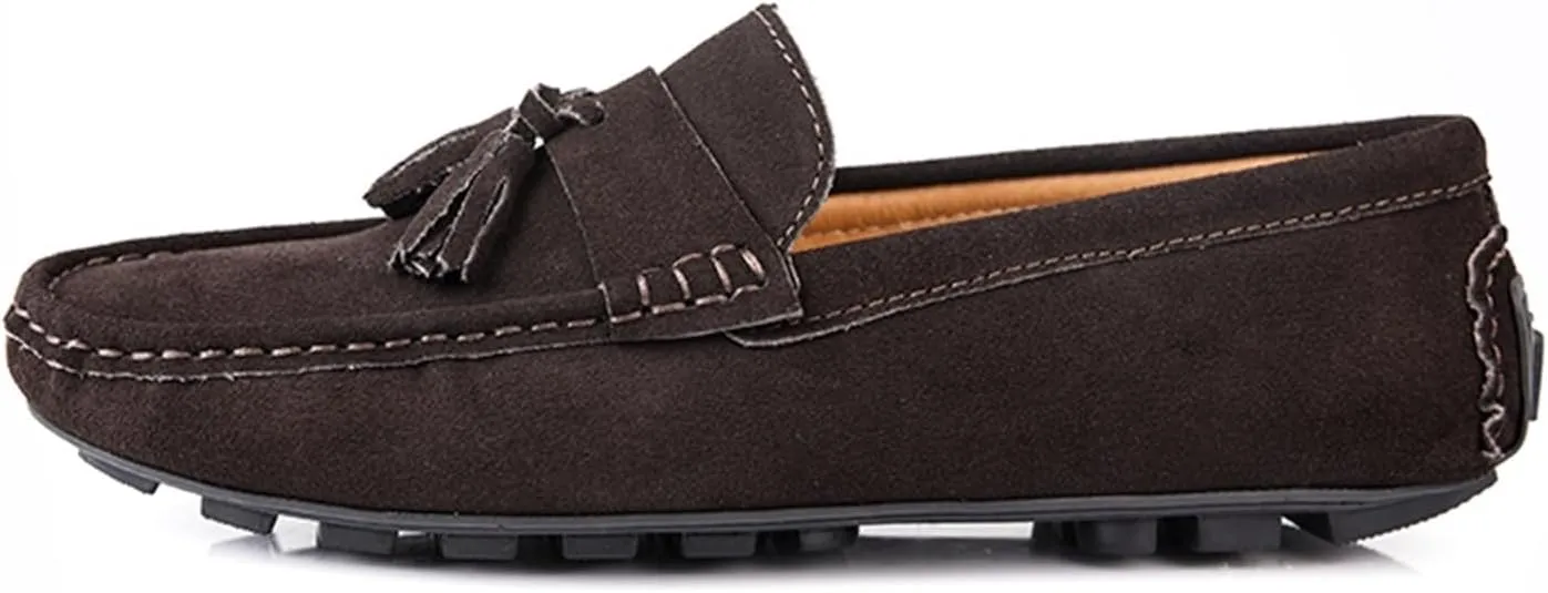 Men's Genuine Leather Loafers with Tassel, Suede Vamp, Round Toe, Flexible, Anti-Slip, Slip-Resistant Slip-Ons for Prom and Casual Wear