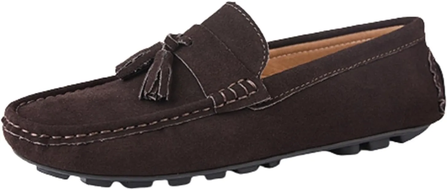 Men's Genuine Leather Loafers with Tassel, Suede Vamp, Round Toe, Flexible, Anti-Slip, Slip-Resistant Slip-Ons for Prom and Casual Wear