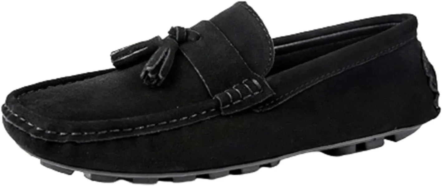 Men's Genuine Leather Loafers with Tassel, Suede Vamp, Round Toe, Flexible, Anti-Slip, Slip-Resistant Slip-Ons for Prom and Casual Wear