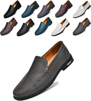 Men's Genuine Leather Slip-on Loafers Casual Hollow Breathable Comfortable Penny Loafers Soft Bottom Flat Breathable Driving Lazy Loafers Shoes
