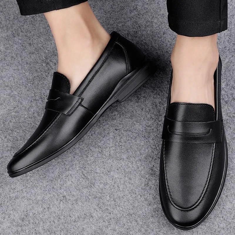 Men's Loafers Round Toe Leather Penny Loafers Flat Heel Anti-Slip Flexible Casual Slip-on