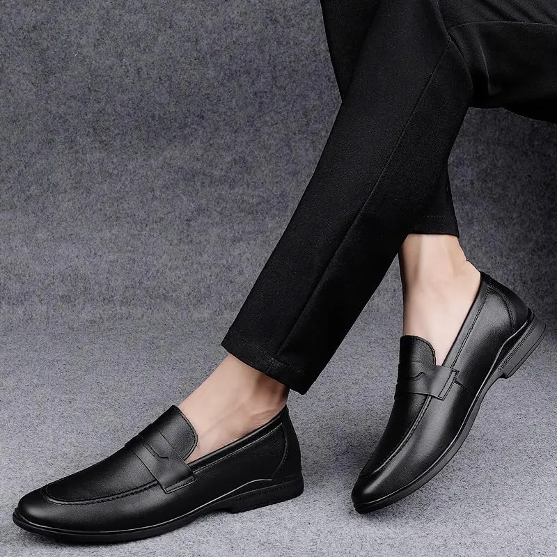 Men's Loafers Round Toe Leather Penny Loafers Flat Heel Anti-Slip Flexible Casual Slip-on