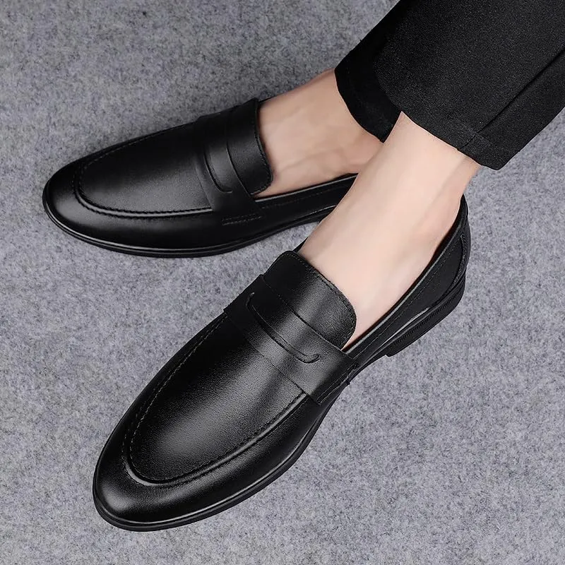 Men's Loafers Round Toe Leather Penny Loafers Flat Heel Anti-Slip Flexible Casual Slip-on