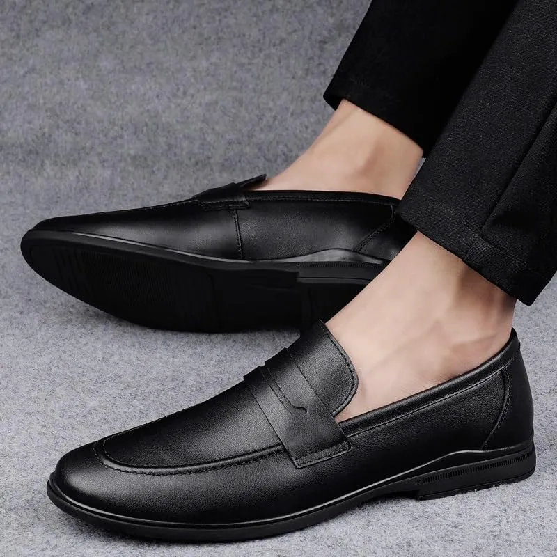 Men's Loafers Round Toe Leather Penny Loafers Flat Heel Anti-Slip Flexible Casual Slip-on