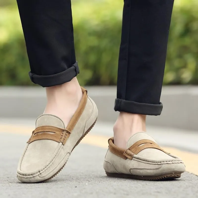 Men's Loafers Round Toe PU Leather Patchwork Suede Vamp Penny Loafers Flat Heel Flexible Slip Resistant Prom Fashion Slip-on