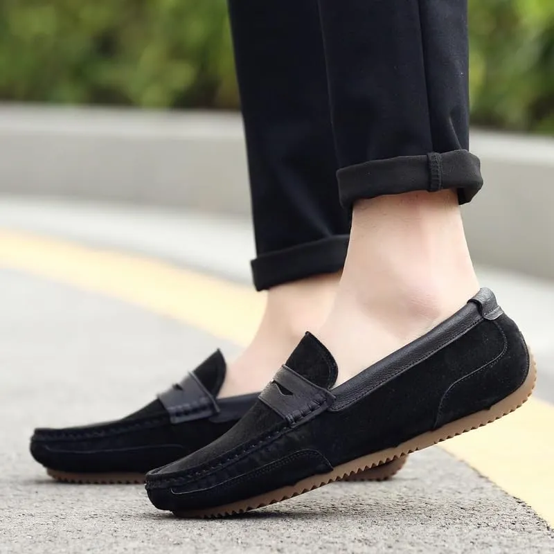 Men's Loafers Round Toe PU Leather Patchwork Suede Vamp Penny Loafers Flat Heel Flexible Slip Resistant Prom Fashion Slip-on