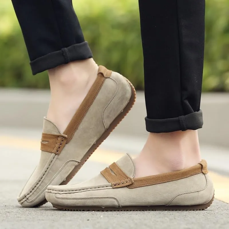 Men's Loafers Round Toe PU Leather Patchwork Suede Vamp Penny Loafers Flat Heel Flexible Slip Resistant Prom Fashion Slip-on