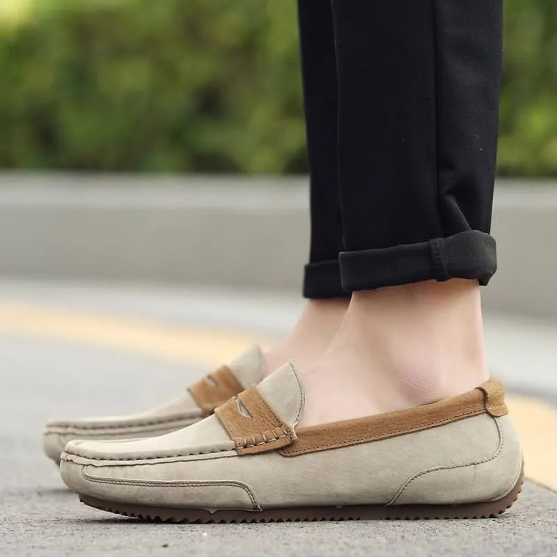 Men's Loafers Round Toe PU Leather Patchwork Suede Vamp Penny Loafers Flat Heel Flexible Slip Resistant Prom Fashion Slip-on