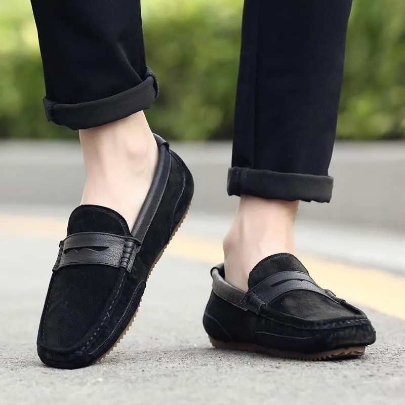 Men's Loafers Round Toe PU Leather Patchwork Suede Vamp Penny Loafers Flat Heel Flexible Slip Resistant Prom Fashion Slip-on