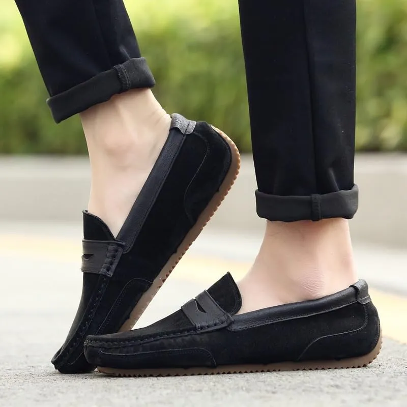 Men's Loafers Round Toe PU Leather Patchwork Suede Vamp Penny Loafers Flat Heel Flexible Slip Resistant Prom Fashion Slip-on