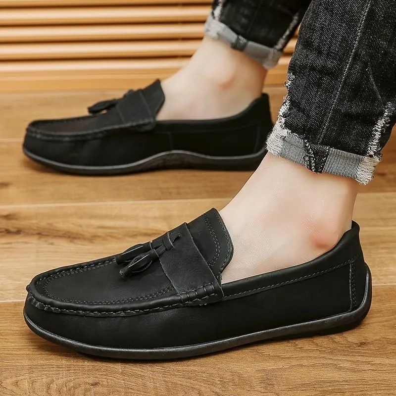 Men's Loafers Round Toe PU Leather Tassel Loafers, Flexible Anti-Slip Flat Heel, Lightweight Slip-On Shoes for Party and Casual Wear