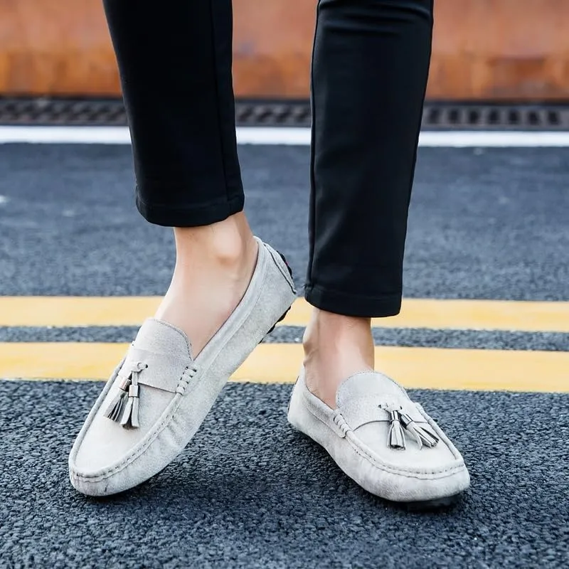 Mens Loafers Round Toe Solid Color with Tassel Suede Vamp Driving Loafers Comfortable Flexible Anti-Slip Party Prom Slip On