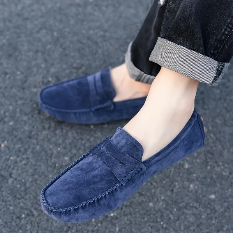 Mens Loafers Round Toe Suede Vamp Penny Driving Loafers Moc Shoes Flexible Comfortable Anti-Slip Prom Slip-ons(Blue,9)