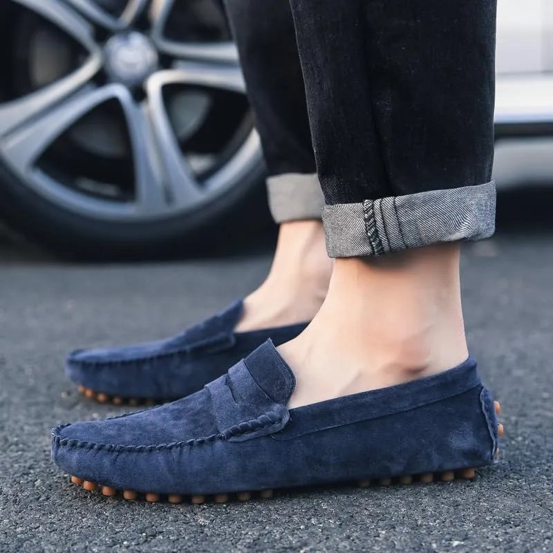 Mens Loafers Round Toe Suede Vamp Penny Driving Loafers Moc Shoes Flexible Comfortable Anti-Slip Prom Slip-ons(Blue,9)